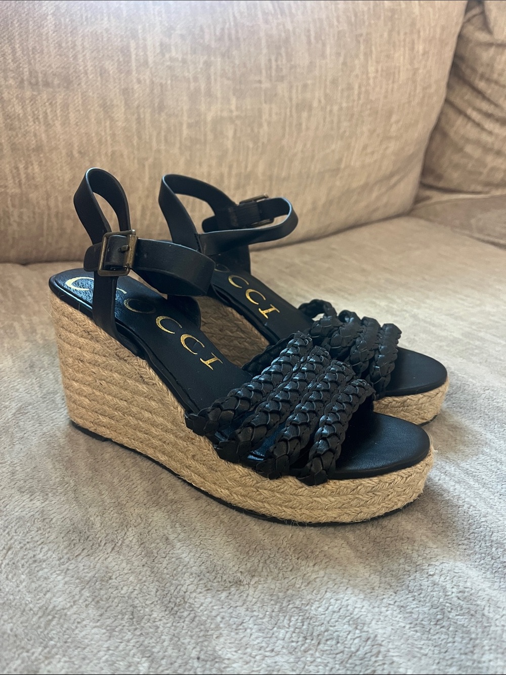 CCOCCI Black Braided Espadrille Wedge Sandals with Ankle Strap